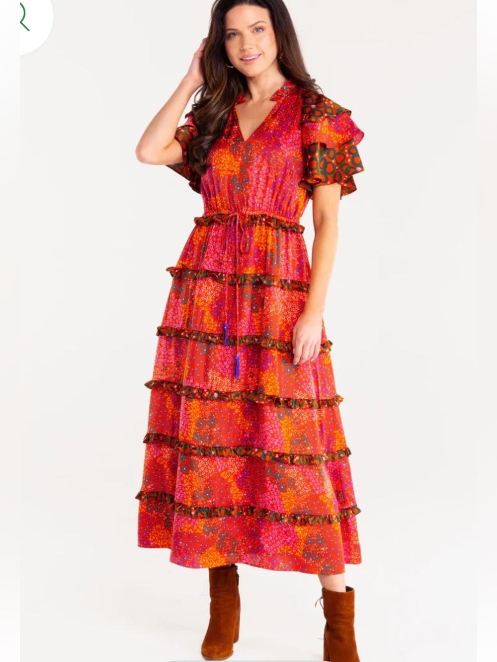 Alden Adair Yasmine Dress Multi-Colored Tiered Midi  Floral Tropical Resort, L